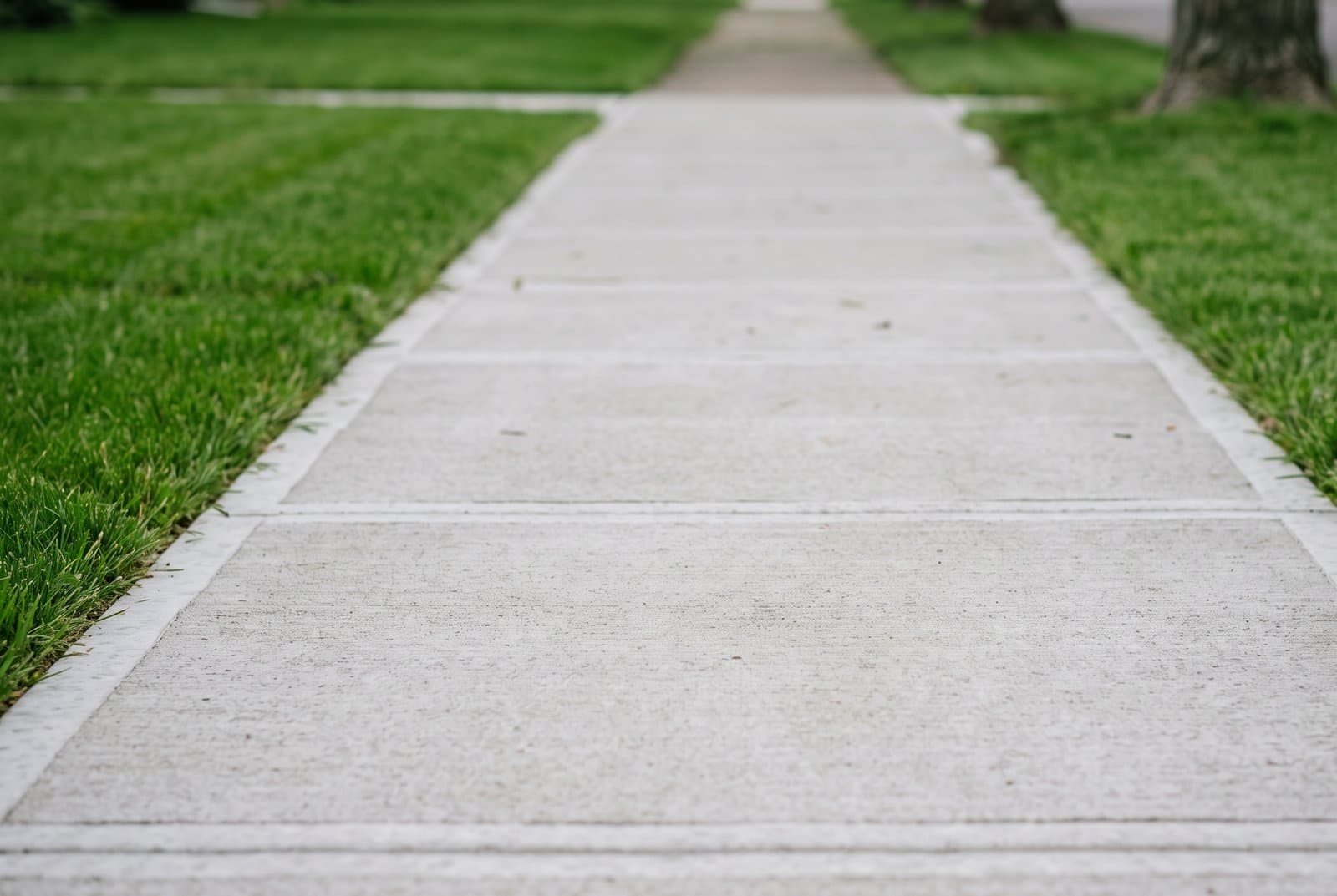 Residential concrete sidewalk with control joints beside a lawn